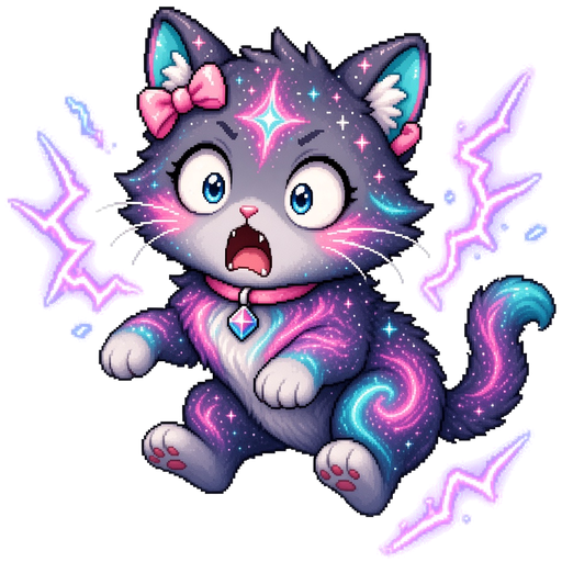 Rift Kitten recoiling in shock, blue eyes wide and mouth open, with purple lightning bolts around her.