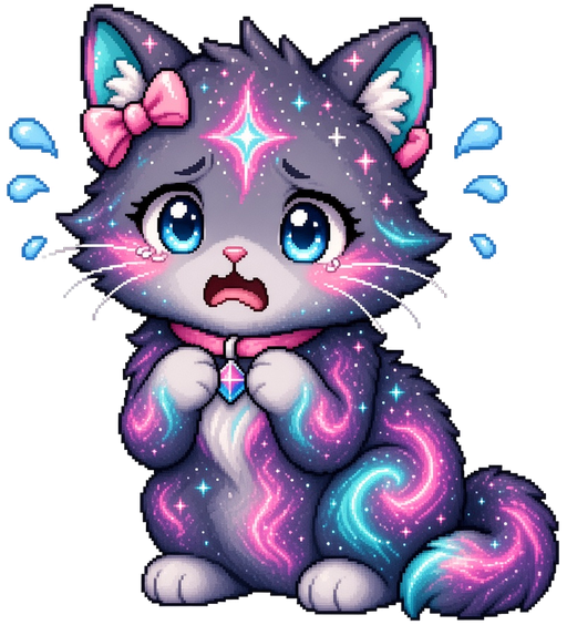 Rift Kitten looking worried, teary blue eyes and an open grimace, with little sweat drops.